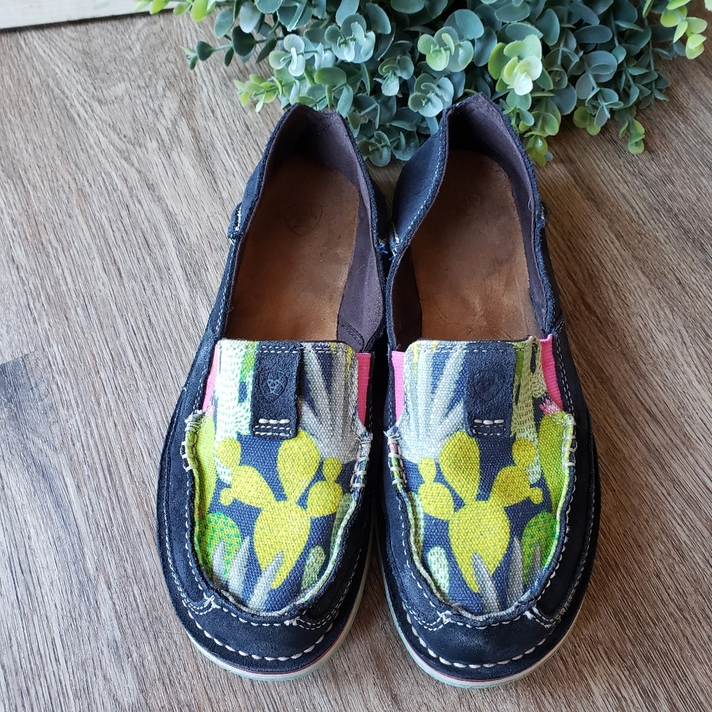 Ariat Floral Canvas & Navy Leather Loafers with Yellow Accents